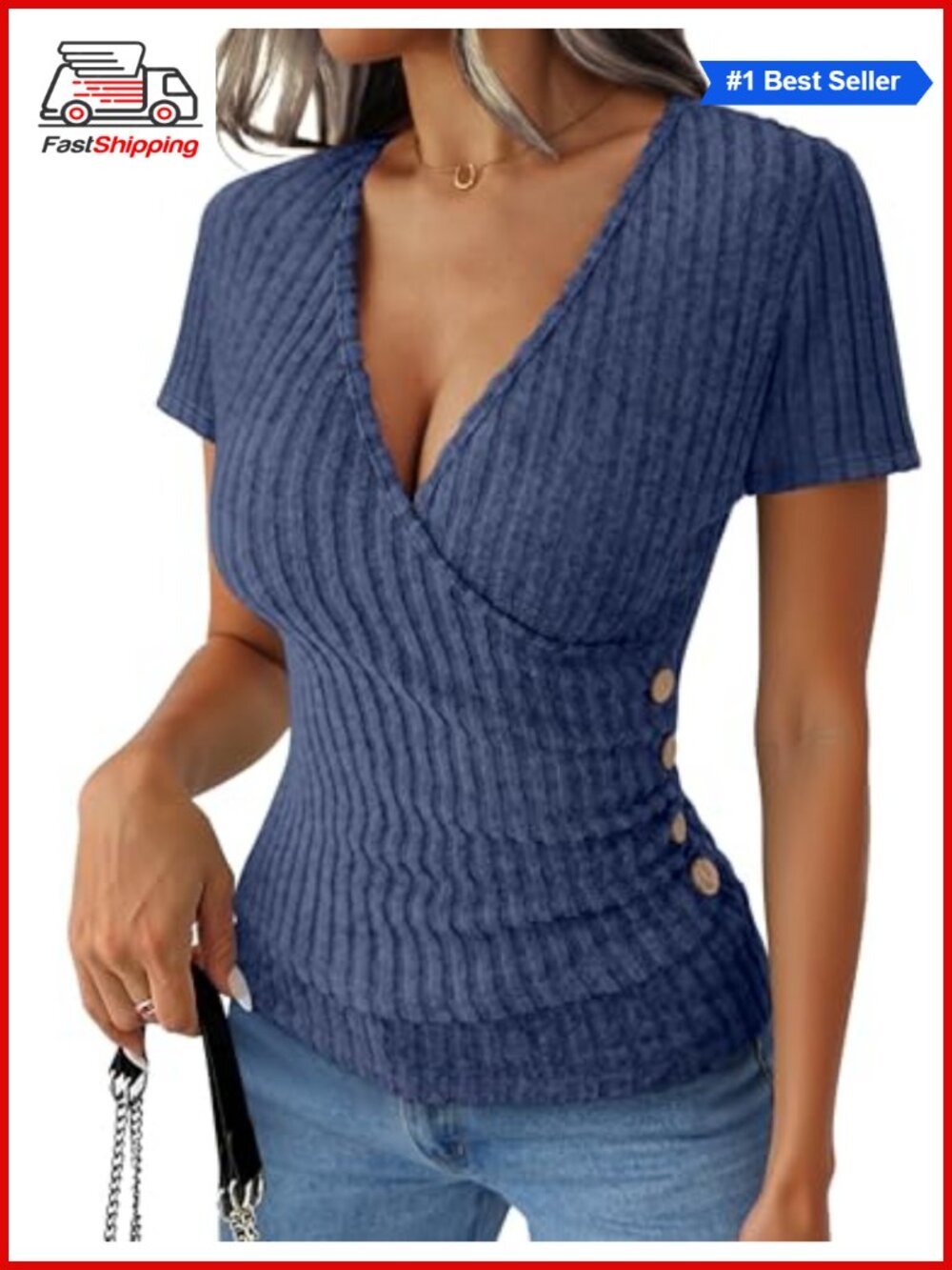 Women's Ribbed Knit V-Neck Short Sleeve Slim Fit Top